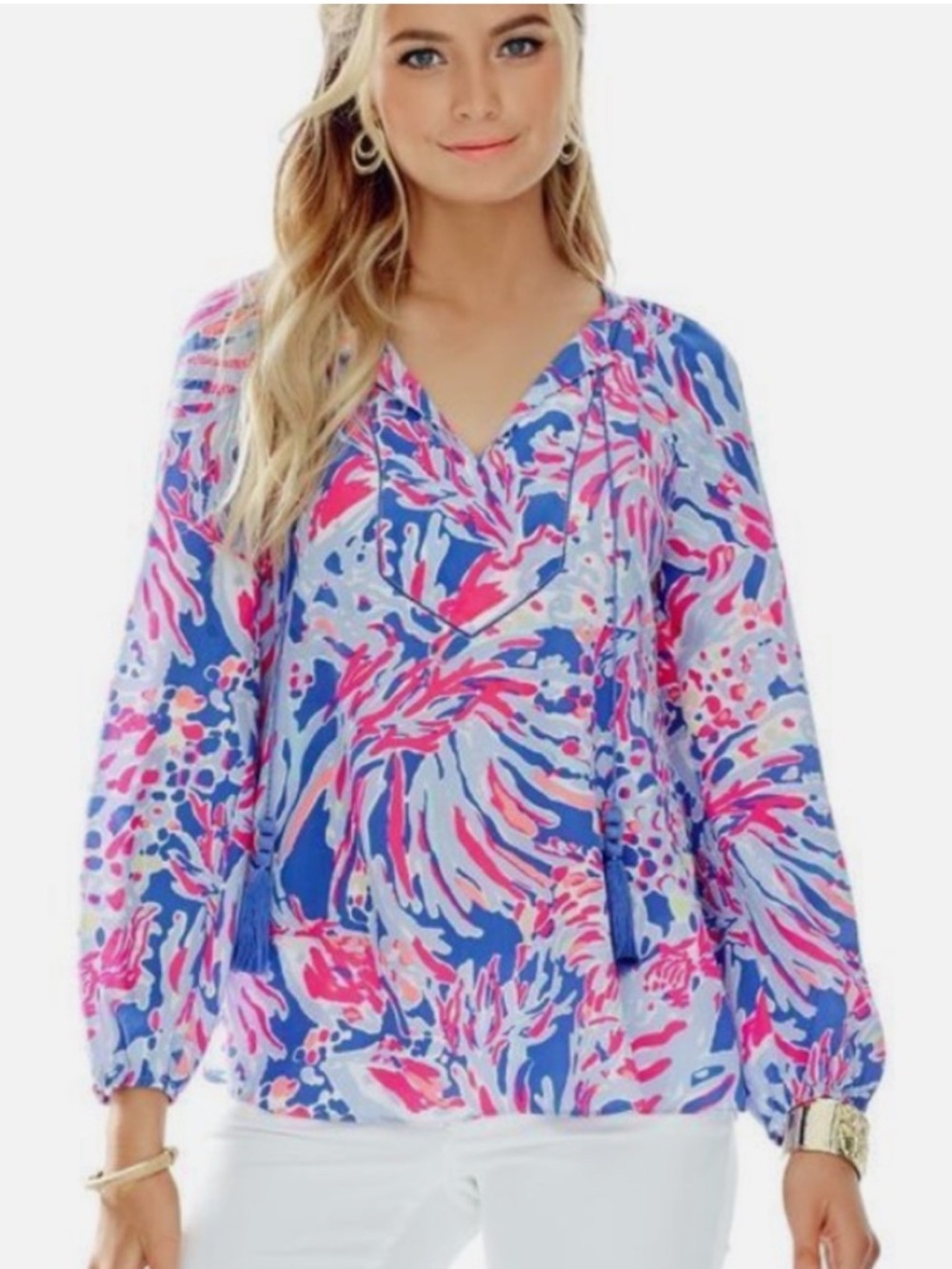 Lilly Pulitzer Silk Top Blouse Pink Blue Tassels Sz M